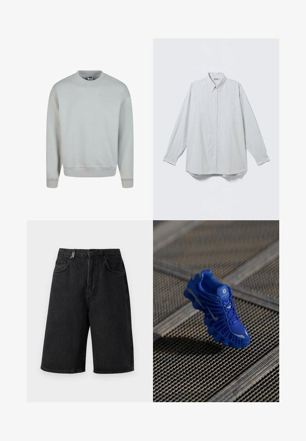 Sudadera gris claro hecha de una mezcla de algodón. Presenta un escote redondo, mangas largas y puños y dobladillo acanalados.; Camisa blanca de manga larga con botones, con finas rayas negras verticales y un bolsillo en el pecho, mostrada extendida sobre un fondo claro.; Shorts de mezclilla negra con un corte holgado, cintura de altura media, cinco bolsillos y presillas para cinturón. La tela tiene una textura suave y detalles de costura sutiles.; Zapatilla deportiva azul con parte superior de malla, diseño texturizado y suela prominente que presenta elementos de amortiguación distintos y acentos reflectantes.