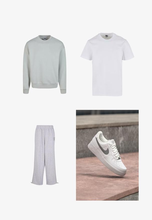 Sudadera gris claro hecha de una mezcla de algodón. Presenta un escote redondo, mangas largas y puños y dobladillo acanalados.; Camiseta de algodón blanca con cuello redondo, mangas cortas y un corte holgado. Textura suave sin patrones ni acentos visibles.; Karl Kani Pantalones deportivos - grey; Zapatilla blanca Nike Air Force 1 con logo swoosh gris flotando sobre una superficie de piedra y un fondo de pared de piedra gris.