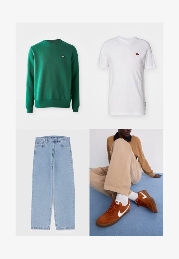 Sudadera verde de tejido de mezcla de algodón. Presenta un cuello redondeado acanalado, mangas largas y un pequeño parche de logo en el pecho.; Camiseta sencilla blanca de manga corta con un pequeño logo semicircular rojo y naranja en la parte superior izquierda del pecho.; Jean de mezclilla azul claro con diseño de pierna recta, con una cintura de altura media, cinco bolsillos y un cierre de botón y cremallera.; Zapatillas de ante marrón con el logo de Nike en blanco y suelas de goma, combinadas con pantalones beige claros y calcetines cortos blancos sobre una superficie azul.