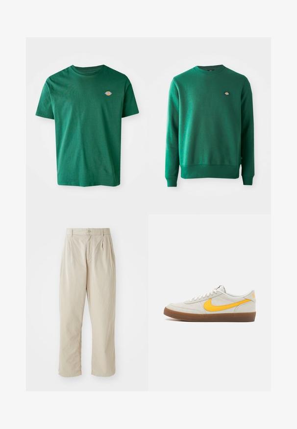 Sudadera verde de tejido de mezcla de algodón. Presenta un cuello redondeado acanalado, mangas largas y un pequeño parche de logo en el pecho.; Camiseta de algodón verde con cuello redondo, mangas cortas y un pequeño logotipo multicolor en el lado izquierdo del pecho. Textura suave, diseño casual.; Pantalones beige, ligeros, con un ajuste relajado, pliegues doblados en la parte delantera, cierre de botón y dobladillos con puños. Textura suave, diseño minimalista.; Zapatilla Nike en ante gris claro con un swoosh amarillo, cordones blancos y una suela de goma marrón. Presenta un acabado texturizado y un cuello acolchado.