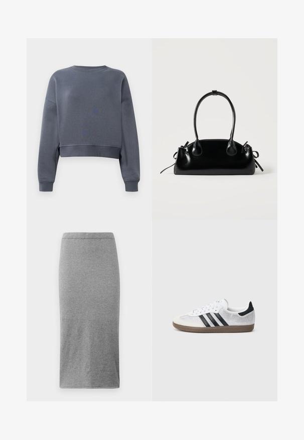 Sweatshirt gris court en tissu doux avec un col rond, des poignets côtelés et un motif texturé léger sur le devant.; Jupe grise, longueur genou, fabriquée en tissu doux et extensible. Présente un design simple et près du corps avec une taille élastique et une texture lisse.; Baskets en mesh blanc avec des rayures noires, un embout en daim beige et un accent sur le talon, semelle en caoutchouc texturée, et lacets blancs. Design classique à tige basse.; Petit sac à main noir brillant avec deux longues anses et des détails à cordon sur les côtés sur un fond clair uni.