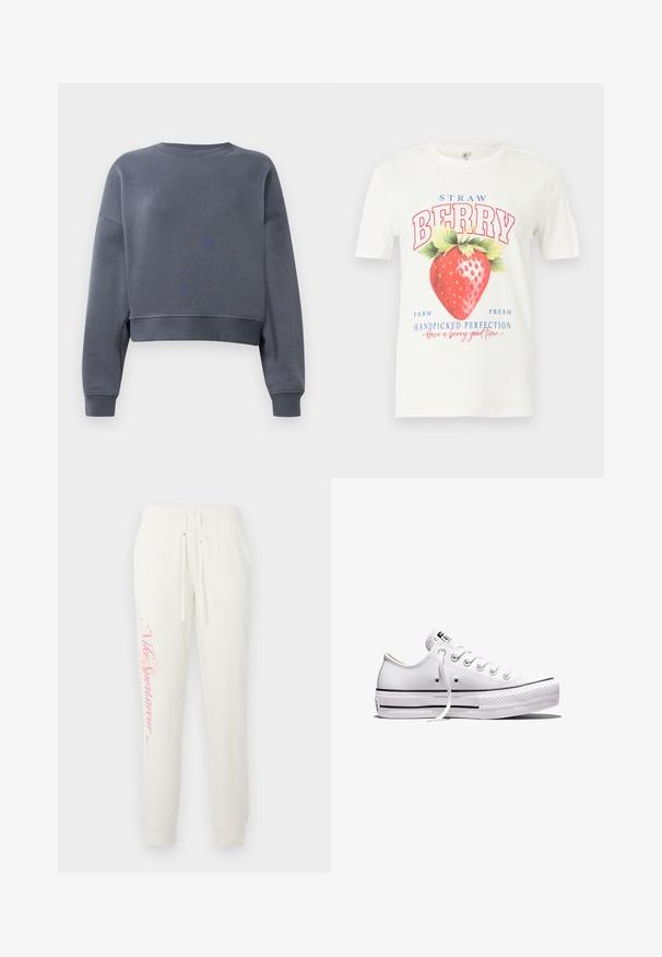 Grå cropped sweatshirt lavet af blødt stof med rund halsudskæring, ribbede manchetter og et svagt teksturmønster foran.; Hvid T-shirt med korte ærmer og stort rødt jordbærmotiv samt tekst, der lyder "STRAW BERRY", "Farm Fresh" og "Handpicked Perfection."; Hvide sweatpants med en tætsiddende design, prydet med et pink "Nike Sportswear" logo på det venstre ben og elastisk talje med snore.; Lavtop hvid lærredsneaker med hvide snørebånd, gummisål, sorte stribedetaljer og logo-patch på tungen og hælen.