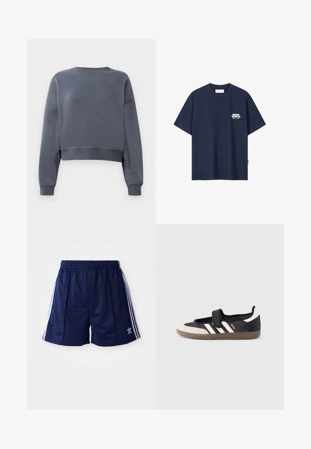 Grå cropped sweatshirt lavet af blødt stof med rund halsudskæring, ribbede manchetter og et svagt teksturmønster foran.; Marineblå t-shirt med korte ærmer og rund hals med hvid tekst "ANOTHER COTTON LAB Pilates Lab" på venstre bryst.; Marine atletikshorts lavet af letvægtsmateriale, med hvide sidelister og et broderet logo nederst til venstre. Elastisk talje.; Sort og beige sko med velcrolukning, tre hvide striber på siden og en tekstureret brun gummisål. Mærkelogo er synligt.