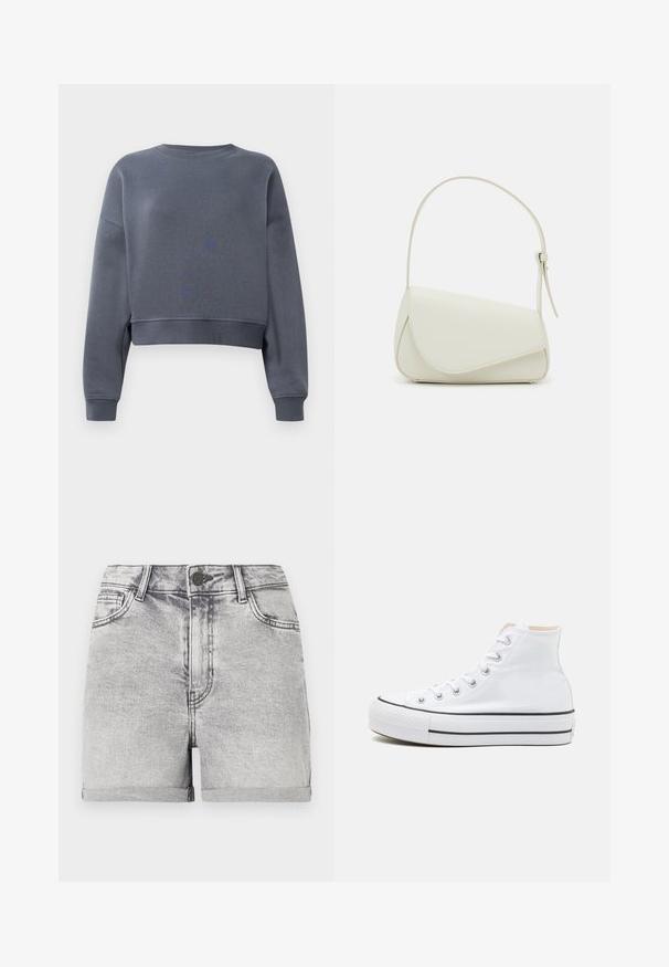 Grå cropped sweatshirt lavet af blødt stof med rund halsudskæring, ribbede manchetter og et svagt teksturmønster foran.; Grå denim shorts med oprullede kanter, fem-lomme design og central knaplukning. Glat tekstur med subtile falmede detaljer.; Hvide høj-top sneakers lavet af kanvasmateriale, sort gummisål og kontrasterende sort stribe på mellemsålen. Rund tåhætte og snørebåndsdesign.; Hvid taske i faux læder med en struktureret trekantet form, enkelt justerbart skulderstrop og en flaplås med kurver.