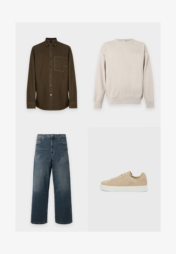 Beige crewneck-sweatshirt med lange ærmer, ribbede manchetter og kant samt en lille syning i trekantsform under halsudskæringen.; Langærmet mørkebrun skjorte med knapper, krave, enkelt brystlomme og synlige syninger på hvid baggrund.; Bredde ben denim jeans i mørkeblå, med en falmet vask, fem lomme-design og solid syning. Knappelukning i taljen.; Beige ruskindslav-topsneaker med snørelukning og hvid gummisål på en lysegrå baggrund.