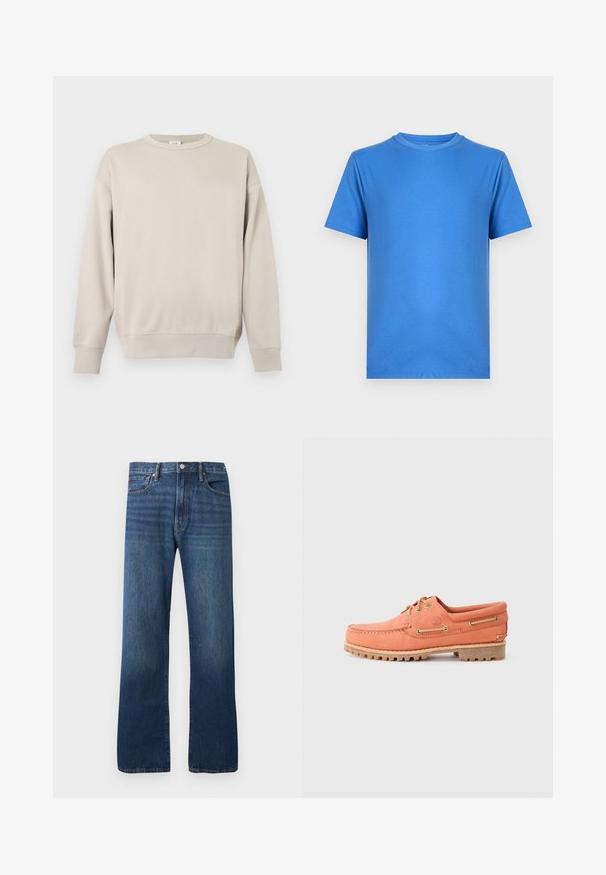 Beige crewneck-sweatshirt med lange ærmer, ribbede manchetter og kant samt en lille syning i trekantsform under halsudskæringen.; Enkelt kortærmet T-shirt med rund hals i ensfarvet lys blå, vist på en neutral lys grå baggrund.; Straight-leg blå denim jeans med klassisk fem-lomme design og knaplukning på en ensartet lys baggrund.; Orange læder bådsko med en mokkastil design, rund tå, brune snørebånd og gummisål med grebsgroove.
