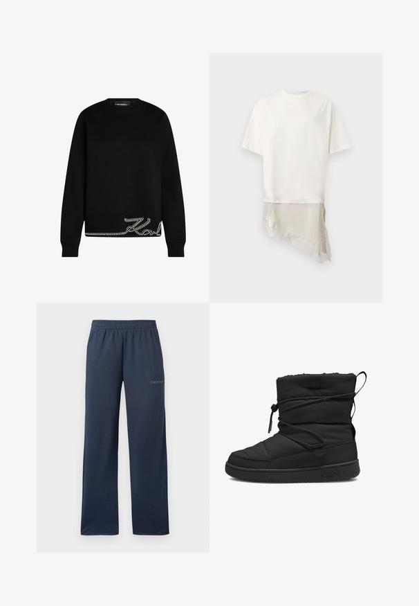 Sort sweatshirt med lange ærmer og rund halsudskæring med lille rhinsten-detalje, der danner en kursiv signatur langs den nederste kant foran.; Hvid kortærmet top med asymmetrisk beige blonderkant, der strækker sig nedenfor skjortens bund på en ensartet lys baggrund.; Navyblå vidbenede sweatpants med elastisk talje og lille Calvin Klein-logo på øverste venstre lår.; Sort isoleret støvle med en kviltet struktur, elastisk snøre lukning, polstret kant og en gummisål med et minimalistisk logo.