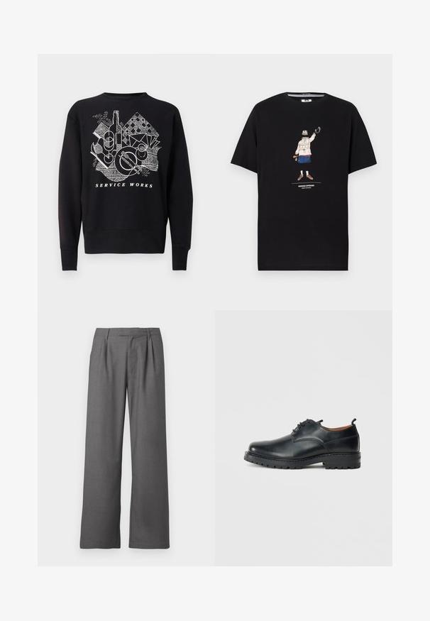 Sudadera negra con un diseño gráfico blanco que incluye objetos como una botella, vasos y platos, con el texto "SERVICE WORKS" debajo.; Camiseta negra con gráfico de una persona con sombrero, chaqueta beige, pantalones cortos azules y zapatillas levantando un brazo, con el texto "Weekend Offender Admit Nothing."; Pantalones de pierna ancha grises hechos de una tela suave, con un frente plisado, bolsillos laterales y una cintura entallada con cinturones.; Zapatos derby de cuero negro con una textura suave, punta redondeada, diseño de cordones y una suela de goma gruesa y resistente.