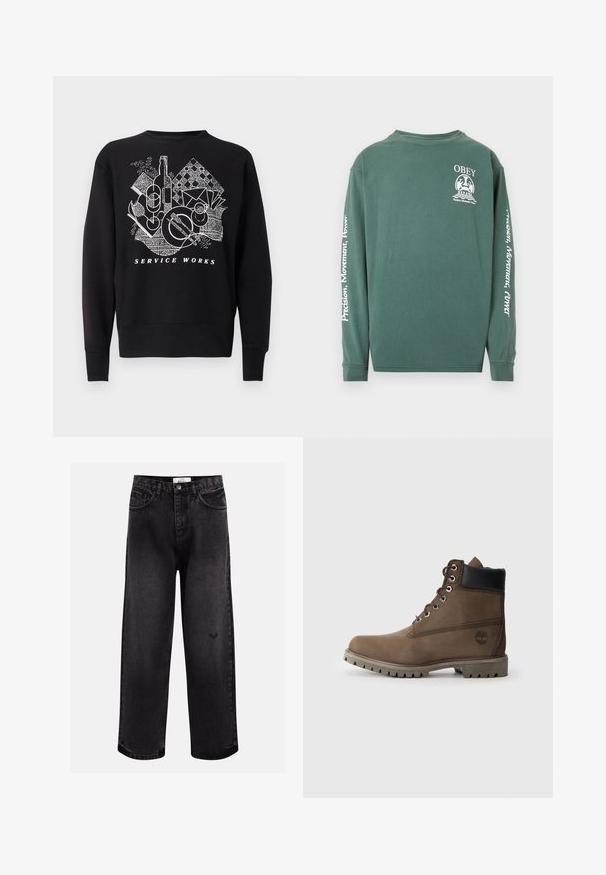 Sort sweatshirt med hvidt grafisk tryk af objekter, herunder en flaske, glas og tallerkener, med teksten "SERVICE WORKS" nedenunder.; Langærmet, grøn t-shirt i bomuld med rund hals. Forsiden har "OBEY" logoet; teksten på ærmet læser "Præcision, Bevægelse, Kraft" i hvid.; Sorte denim jeans med bred benpasform, der har fem lommer, en syet talje og en diskret logodetalje nær knæet.; Brune læder ankelstøvle med sort krave, metaløjer og slidstærk grå sål. Har logo på siden og syet detaljer.
