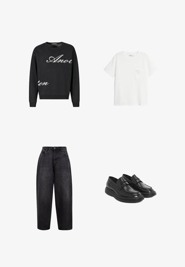 Sort strikket trøje med rund hals, prydet med hvid kursiv tekst "Anon" på forsiden. Ribbet manchetter og kant.; Hvid T-shirt med korte ærmer og rund hals med en enkelt brystlomme, vist på en ensfarvet baggrund.; Sorte denim brede bukser med høj talje, der har en knaplukning, frontlommer og en let vaskefinish for et afslappet look.; Sorte læder loafers med en rund tå, syet detaljer og en platform gummisål. Har en dekorativ rem tværs over vamps.