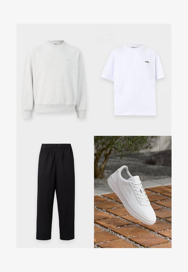 Grauer Pullover mit Rundhalsausschnitt, gerippten Bündchen und Saum. Hergestellt aus einem weichen Stoff, mit einem kleinen Logo auf der Brust.; Weißes T-Shirt mit kurzen Ärmeln und Rundhalsausschnitt, mit kleinem schwarzem ellesse-Logo auf der linken Brust vor eintönigem Hintergrund.; Schwarze, weit geschnittene Hose mit einem elastischen Bund und einem einzelnen Knopf. Aus einem glatten, leichten Stoff gefertigt. Gerader Saum.; Weißer Lacoste-Sneaker mit Schnürsenkeln, der über quadratischen Holzkacheln und kleinen grauen Kieselsteinen schwebt, unscharfer Baum und Wand im Hintergrund.