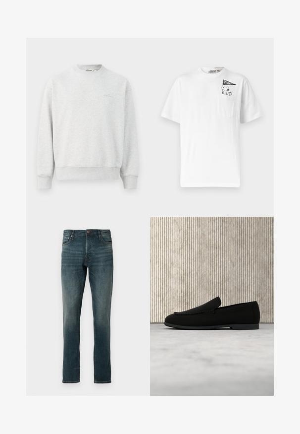 Grå sweatshirts med rund hals, ribbede ærmer og bund. Lavet af et blødt stof, med et lille logo på brystet.; Hvid kortærmet T-shirt med en lille lomme på venstre bryst, der viser Snoopy og Woodstock, der holder et "PEANUTS"-flag.; Mørkeblå slim-fit jeans med fem lommer og knaplukning, vist mod en ensfarvet hvid baggrund.; Sort slip-on loafer-sko svævende over lyst tæppe med et buet, ravbrunt moderne bord i baggrunden.