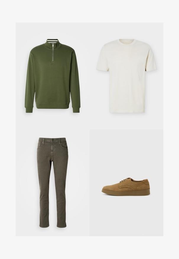 Groene trui met een kwart-ritssluiting, gemaakt van gladde stof, met een hoge kraag en geribbelde boorden. Simpel ontwerp met minimale details.; Effen gebroken wit T-shirt met korte mouwen en ronde hals, met subtiel logo op de linkerborst, weergegeven op een effen witte achtergrond.; Antony Morato KURT COMFORT - Jeans Tapered Fit - dark olive; Bruine suède veterschoen voor vrijetijdskleding met een platte rubberen zool, zijaanzicht tegen een eenvoudige lichte achtergrond.