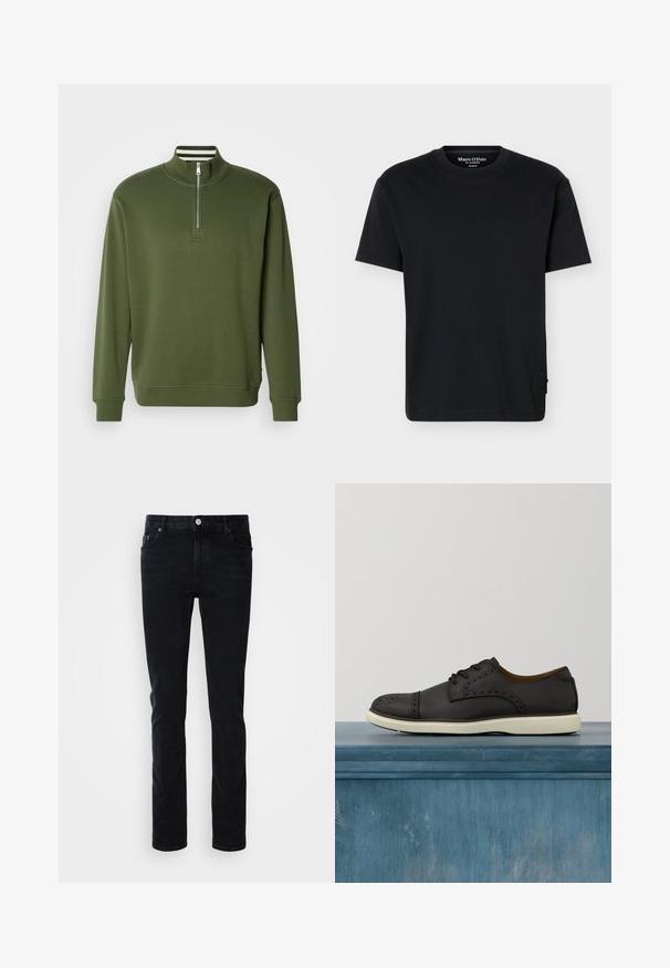 Grüner Pullover mit Viertel-Reißverschluss aus glattem Stoff, mit hohem Kragen und gerippten Bündchen. Einfaches Design mit minimalen Details.; Schwarzes kurzärmeliges T-Shirt mit Rundhalsausschnitt, lockerem Schnitt und Marc O’Polo-Logo im Inneren des Kragens vor einfarbigem Hintergrund.; Schwarze Denim-Jeans mit einer schmalen Passform, ausgestattet mit einer Vordertasche, Gürtelschlaufen und einem Knopfverschluss. Glatte Textur, minimalistisches Design.; Schwarzer Schnürschuh aus Leder mit einer perforierten Zehenkappe und dekorativen Details entlang der Seiten, ausgestattet mit einer weißen Gummisohle.