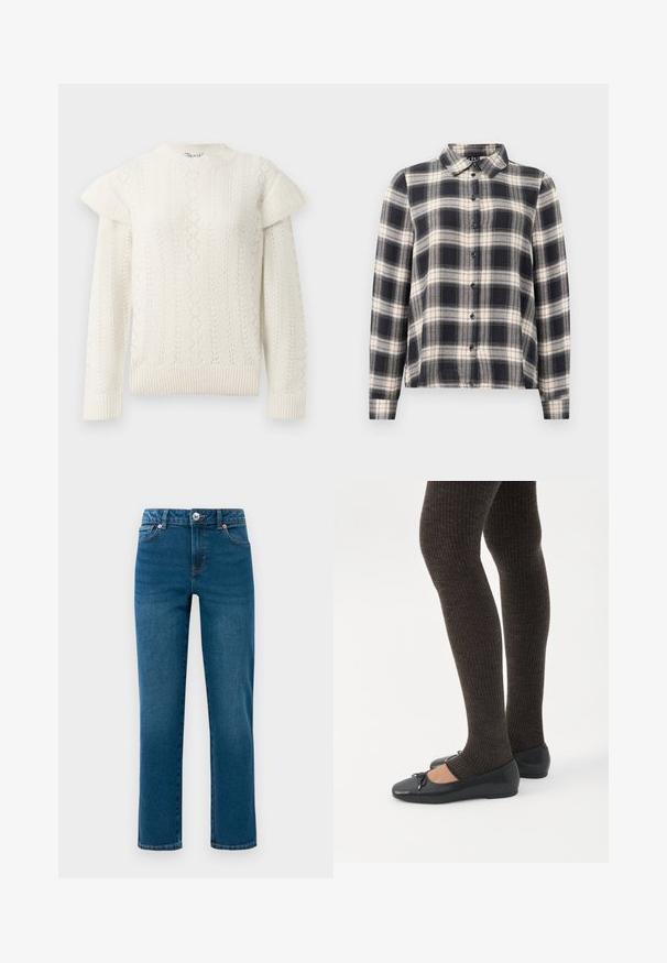 Suéter blanco de punto trenzado con mangas largas y detalles de volantes en los hombros, puños y dobladillo acanalados.; Camisa de cuadros de manga larga en azul marino, blanco y beige. Presenta un cuello estándar, cierre frontal con botones y una tela suave con un patrón de cuadros.; Jeans de denim rectos azules con cinco bolsillos, cierre de botón y cremallera, y pasadores para cinturón, exhibidos sobre fondo blanco.; Piernas con leggings oscuros acanalados combinados con bailarinas negras que presentan pequeños detalles de lazo sobre un fondo blanco.