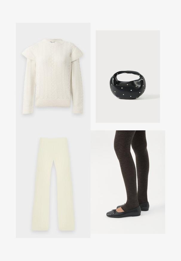 Pull en tricot blanc, à manches longues, avec des détails en volants sur les épaules, des poignets côtelés et un ourlet également côtelé.; Pantalon en maille couleur crème avec jambe évasée et texture verticale côtelée, posé à plat sur fond blanc.; Jambes portant des leggings côtelés foncés associés à des ballerines noires avec de petits détails en nœud sur fond blanc.; Sac à main en cuir noir de forme arrondie, décoré de clous argentés et équipé d'une poignée courte. Texture lisse et fermeture éclair.