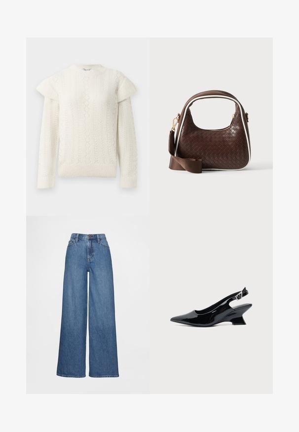 Pull en tricot blanc, à manches longues, avec des détails en volants sur les épaules, des poignets côtelés et un ourlet également côtelé.; Jean à jambes larges en denim bleu moyen, présentant une taille haute, des passants pour ceinture et une fermeture à bouton. Texture lisse avec des détails de couture minimaux.; Chaussure slingback en cuir verni noir avec bout pointu et petit talon bloc incliné sur fond clair uni.; Sac à main en cuir tressé marron avec passepoil blanc, fermeture éclair dorée et bandoulière amovible en tissu marron.