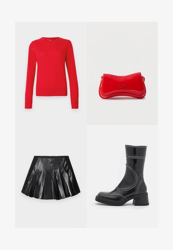 Rød strikket sweater med rund halsudskæring, lange ærmer, ribbede manchetter og kant, glat tekstur, mellemtykt stof, ensfarvet uden mønstre.; Sort plisseret nederdel med en skinnende læderfront og en solid sort talje med en lille metaldekoration. Teksturerede læderpaneler forbedrer designet.; Sort patenteret læder ankelstøvle med hvid stikning, rund tå og blokhæl. Har buede designlinjer og en glat tekstur.; Skinnende rød håndtaske med bløde kurver og et lille ovalt logo foran, sat mod en ensfarvet lys baggrund.