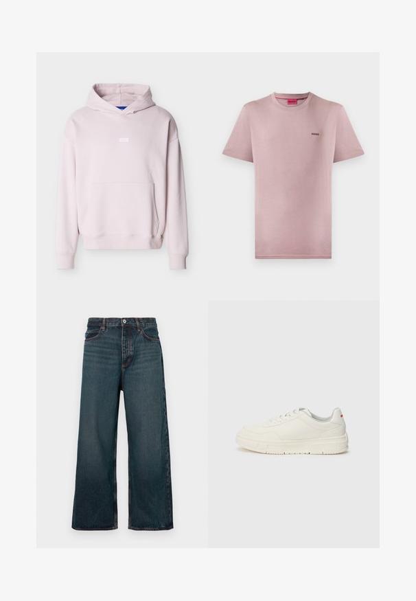 Svetloružová pulóverová mikina s kapucňou, predným kangaroo vreckom a malým bielym logom "HUGO" umiestneným v strede na hrudi.; Svetloružové bavlnené tričko s okrúhlym výstrihom a krátkymi rukávmi. Na hrudi je malý čierny nápis "HUGO". Hladká textúra.; Tmavomodré rifle s širokými nohavicami, zapínaním na predné gombíky a zips, s dizajnom piatich vreciek, zobrazené na bielom pozadí.; Biele tenisky s hladkým koženým zvrškom, okrúhlou špicou, plochými šnúrkami a textúrovanou gumovou podošvou. Na päte je červený akcent.