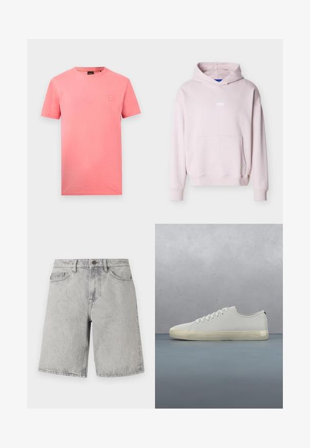 Sweat à capuche rose clair avec poche kangourou à l'avant et petit logo blanc « HUGO » centré sur la poitrine.; T-shirt rose uni manches courtes col rond avec un petit patch logo carré sur la poitrine gauche et une étiquette noire de marque au col.; Shorts en jean gris clair avec fermeture par bouton et fermeture éclair, passants pour ceinture et poches avant, présentés sur un fond blanc.; Baskets en cuir blanc avec lacets flottant au-dessus de carreaux en bois carrés et de petits cailloux, avec un arbre et un fond gris.