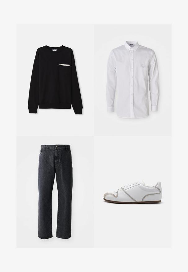 Zwarte sweatshirt met lange mouwen, geribbelde manchetten, een ronde halslijn en een voorzak met een zilveren accent en logodetail.; Witte langemouwen button-up shirt met button-down kraag en subtiele geborduurde logo op de linkerborst.; Zwarte denim jeans met een rechte pijp, voorzien van een knoopsluiting, vijf zakken en een subtiele textuur. Klassiek ontwerp zonder opvallende patronen.; Witte sneaker met een glad leren bovenwerk, grijze suède accenten en een eenvoudig vetersysteem. Antislip bruine rubberen zool; minimalistische styling.