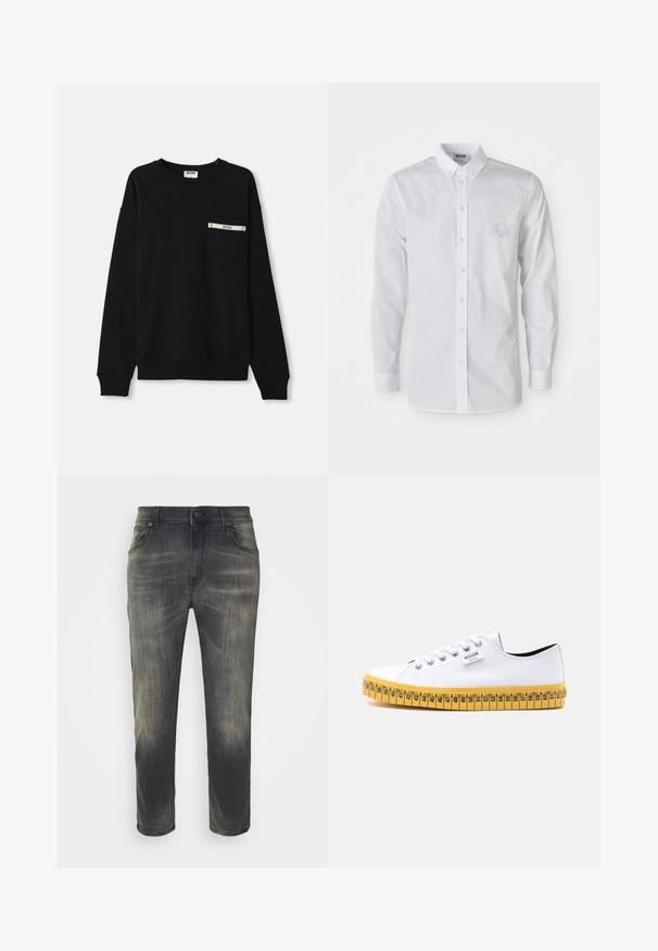 Sweatshirt noir à manches longues, avec des poignets à côtes, un col rond et une poche avant ornée d'un accent argenté et d'un logo.; Chemise blanche à manches longues, à col boutonné, avec un logo brodé discret sur la poitrine gauche.; Jean gris foncé avec une finition délavée, coupe droite, cinq poches et fermeture à boutons à l'avant. Tissu en denim de coton, texture douce.; Baskets basses en toile blanche avec lacets blancs et semelle jaune, conçues pour ressembler à un ruban à mesurer avec des repères de taille.