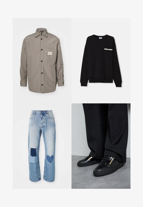 Sort sweatshirt med lange ærmer, ribbede manchetter, rund halsudskæring og en frontlomme med sølvdetalje og logo.; Grå knap-op jakke lavet af glat stof; har en brystlomme med et mærke, lange ærmer og et klassisk kravedesign.; Lyseblå denim jeans med lige snit, der har to lapdetailler: et kvadrat og et hjerte, begge i mørkere denimtoner.; Sorte lædersneakers med blanke accenter, teksturerede snørebånd og lynlåsdetalje; parret med mørke, løse bukser på et gråt gulv.