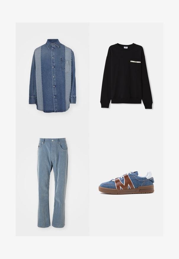Sweatshirt noir à manches longues, avec des poignets à côtes, un col rond et une poche avant ornée d'un accent argenté et d'un logo.; Chemise en denim avec un design bicolore comportant des sections bleu foncé et bleu clair, avec un devant à boutons, un col et une poche poitrine.; Pantalon en velours côtelé bleu clair avec fermeture à bouton et à glissière, poches avant et jambes droites sur fond blanc.; Basket en denim bleu avec des sangles en cuir marron en forme de M, lacets blancs, languette blanche au talon et semelle en caoutchouc marron vue de côté.
