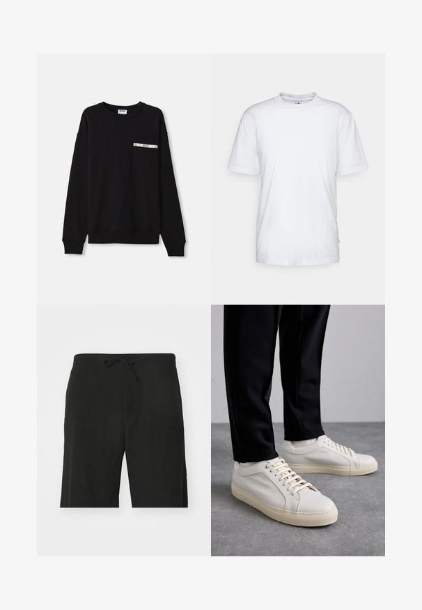 Sort sweatshirt med lange ærmer, ribbede manchetter, rund halsudskæring og en frontlomme med sølvdetalje og logo.; Hvid bomulds t-shirt med rund hals, korte ærmer og lige kant. Har et lille mærke på den venstre sidesøm.; Sorte linnedbukser med snor i taljen, der har en afslappet pasform og et knælangt design. Glat tekstur, simple og klassiske stil.; Lys beige lædersneakers med flade snørebånd, en tekstureret overflade og en kontrasterende cremelilla gummisål, båret med sorte tapered bukser.