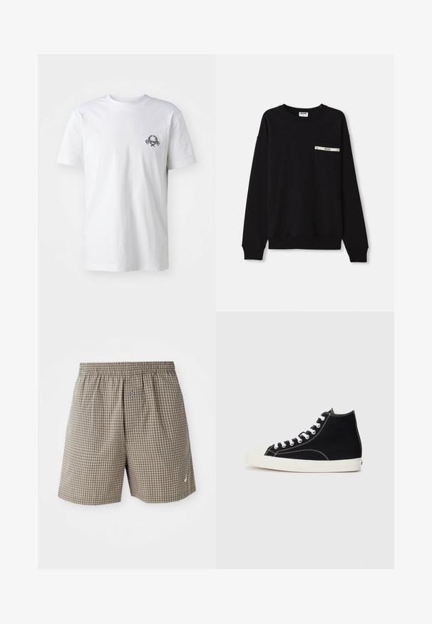Sweatshirt noir à manches longues, avec des poignets à côtes, un col rond et une poche avant ornée d'un accent argenté et d'un logo.; T-shirt en coton blanc avec un petit motif brodé noir sur la poitrine ; manches courtes et style col rond classique.; Shorts à carreaux marron avec une taille élastique, des poches latérales et un petit logo près de l'ourlet. Tissu léger.; Baskets montantes en toile noires avec des lacets blancs, dotées d'un capuchon en caoutchouc et de surpiqûres blanches contrastantes.