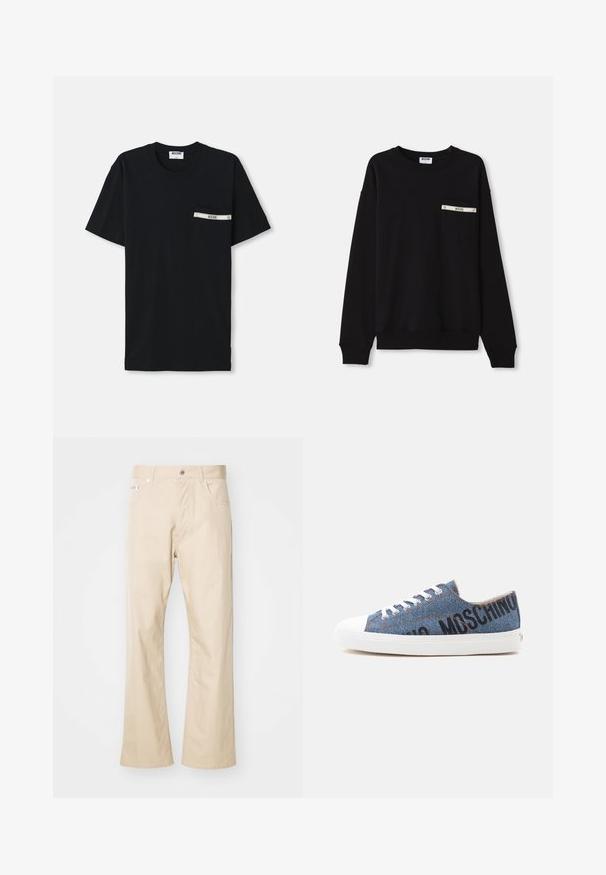 Sweatshirt noir à manches longues, avec des poignets à côtes, un col rond et une poche avant ornée d'un accent argenté et d'un logo.; T-shirt en coton noir à manches courtes, col rond, avec une poche gauche ornée d'une bande blanche et d'un détail logo.; Pantalons beiges en coton, avec une coupe droite, deux poches avant, passants de ceinture et fermeture à bouton en métal.; Basket basse en denim avec semelle en caoutchouc blanche et lacets, avec un texte noir "MOSCHINO" sur le côté.