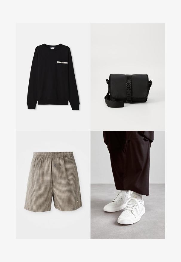 Schwarzes Sweatshirt mit langen Ärmeln, gerippten Bündchen, einem runden Halsausschnitt und einer Fronttasche mit silbernem Akzent und Logodetail.; Braun karierte Shorts mit elastischem Bund, seitlichen Taschen und einem kleinen Logo-Detail am Saum. Leichter Stoff.; Weiße High-Top-Sneaker aus glattem Leder mit perforierten Zehen, flachen weißen Schnürsenkeln und einem subtilen goldenen Akzent an der Ferse.; Schwarze Nylon-Crossbody-Tasche mit Klappe, ausgestattet mit einem auffälligen Logo-Gurtverschluss, verstellbarem Tragegurt und seitlichen Steppnähten.