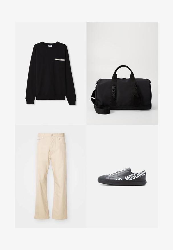 Sort sweatshirt med lange ærmer, ribbede manchetter, rund halsudskæring og en frontlomme med sølvdetalje og logo.; Beige bukser lavet af bomuld, med en lige ben-edesign, to frontlommer, bæltestropper og metalknaplukning.; Sort lavt snøresko med hvide snørebånd og "MOSCHINO" trykt med store hvide bogstaver langs siden og på hælen.; Sort duffel taske lavet af nylon med dobbelt håndtag, en aftagelig skulderrem, præget logo og et bagagemærke. Glat tekstur.