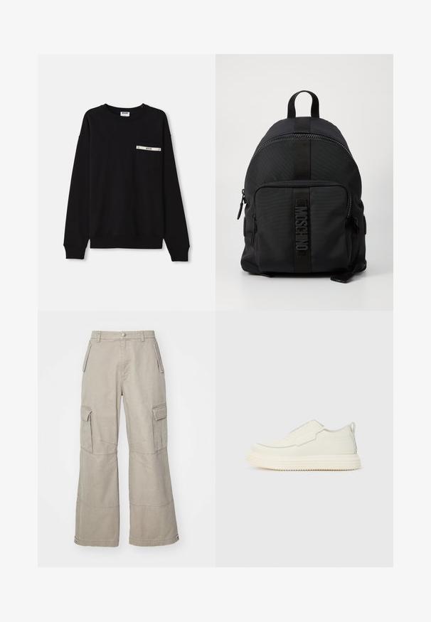 Sweatshirt noir à manches longues, avec des poignets à côtes, un col rond et une poche avant ornée d'un accent argenté et d'un logo.; Pantalons cargo kaki en coton mélangé, avec des jambes larges, plusieurs poches latérales et des détails de couture subtils.; Sneaker sans lacets en matériau texturé blanc cassé avec une semelle épaisse et rainurée. Présente des coutures minimales et un accent bleu clair subtil.; Sac à dos en nylon noir avec une forme ovale, une poignée supérieure, une poche zippée à l'avant et une bande de logo texturée au centre.