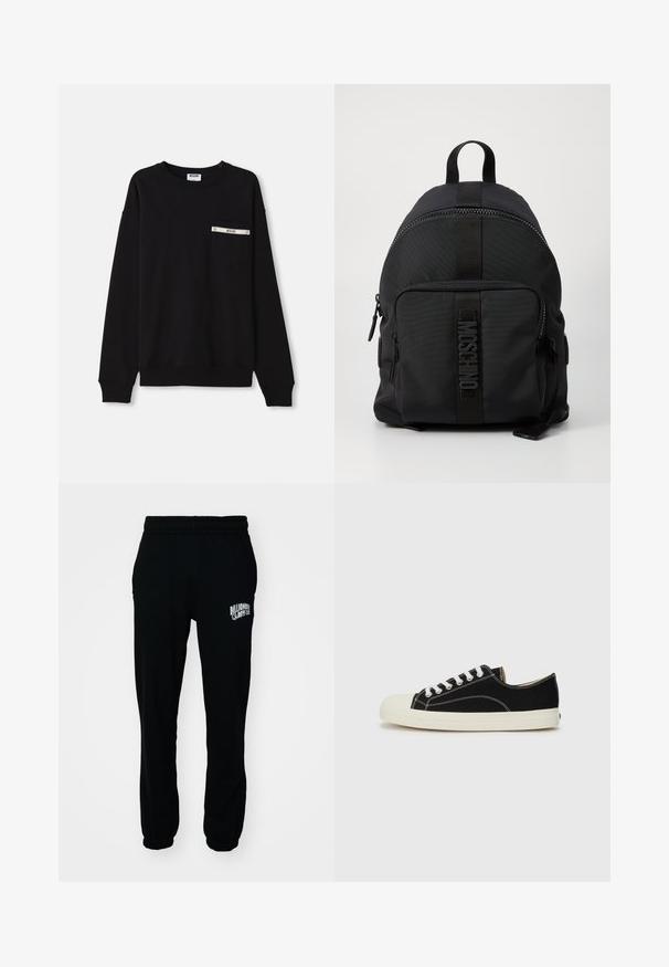 Schwarzes Sweatshirt mit langen Ärmeln, gerippten Bündchen, einem runden Halsausschnitt und einer Fronttasche mit silbernem Akzent und Logodetail.; Schwarze Fleece-Jogginghosen mit elastischem Bund und Bündchen. Mit einem weißen Logo auf dem linken Oberschenkel. Glatte Textur, lockere Passform.; Schwarze Leinensneaker mit weißen Nähten, einer abgerundeten Gummikappe und weißen Schnürsenkeln. Verfügt über ein strukturiertes Obermaterial aus Stoff und eine beigefarbene Sohle.; Schwarzer Nylon-Rucksack mit ovaler Form, einem oberen Griff, einer Fronttasche mit Reißverschluss und einem strukturierten Logo-Streifen in der Mitte.