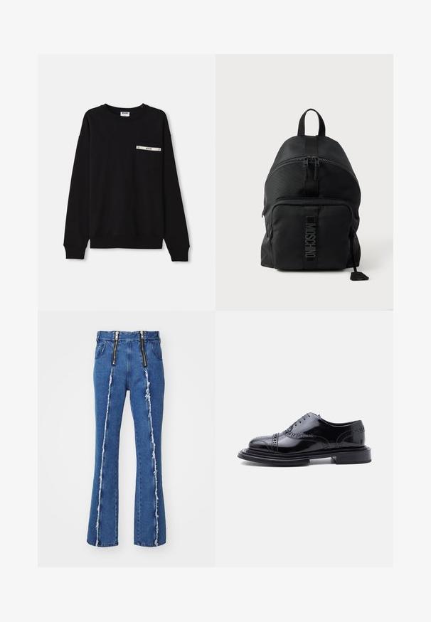 Schwarzes Sweatshirt mit langen Ärmeln, gerippten Bündchen, einem runden Halsausschnitt und einer Fronttasche mit silbernem Akzent und Logodetail.; GmbH FAISAL - Jeans Straight Leg - denim blue; Schwarzer, polierter Leder-Brogue-Herrenschuh mit Flügelspitzen-Perforation und gestapeltem Absatz, seitlich auf weißem Hintergrund gezeigt.; Schwarzer Moschino Rucksack mit oberem Griff, Front-Reißverschlusstasche und sichtbarem Logo am Fronttaschenriemen vor einem einfarbigen hellen Hintergrund.