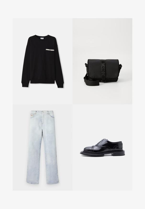 Sweatshirt noir à manches longues, avec des poignets à côtes, un col rond et une poche avant ornée d'un accent argenté et d'un logo.; Jean en denim bleu clair avec une coupe droite, comprenant une fermeture à bouton, cinq poches et des coutures contrastantes.; Chaussure habillée à brogue en cuir noir poli avec perforations style wingtip et talon empilé, présentée en profil latéral sur fond blanc.; Sac bandoulière noir en nylon avec rabat, doté d'une fermeture à bande logo proéminente, d'une bandoulière réglable et de détails de surpiqûres sur les côtés.