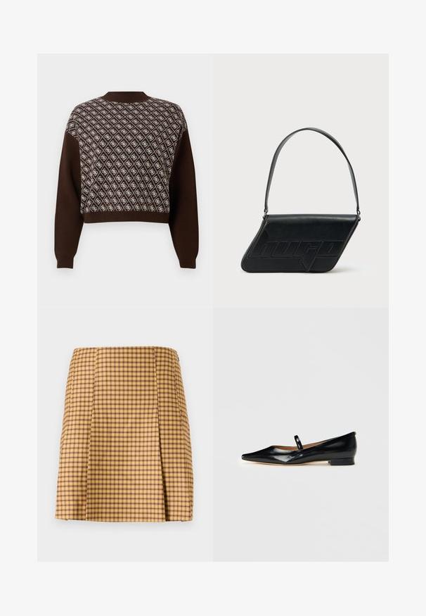 Brun langærmet sweater med mønster af hvide diamanter og logo-motiver på forsiden, rund halsudskæring og ribstrikkede manchetter og kant.; Gul og lilla ternet nederdel med lige snit, der har en subtil plissering foran og et glat tekstureret stof.; Sorte patenterede læder Mary Jane flade sko med spids tå, én rem og lav hæl på ensfarvet baggrund.; Sort skuldertaske i læder med trekantet form, præget logo og en enkelt justerbar rem. Minimalistisk design med glat tekstur.