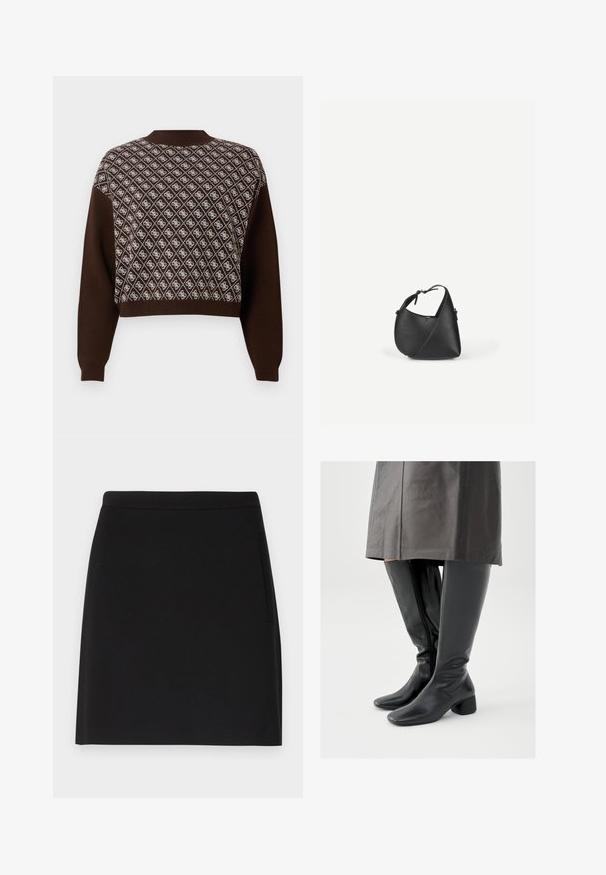 Pull marron à manches longues avec motif losange blanc et logos sur le devant, col rond, poignets et ourlet côtelés.; Jupe noire au design simple, avec une texture lisse et une taille ajustée. Inclut une poche latérale pour plus de fonctionnalité.; Bottes en cuir noir montant jusqu'au genou avec un bout carré, un talon bloc incliné et une fermeture éclair latérale ; texture lisse et design ajusté.; Sac à bandoulière en cuir noir avec une forme triangulaire arrondie et une sangle réglable sur un fond clair uni.