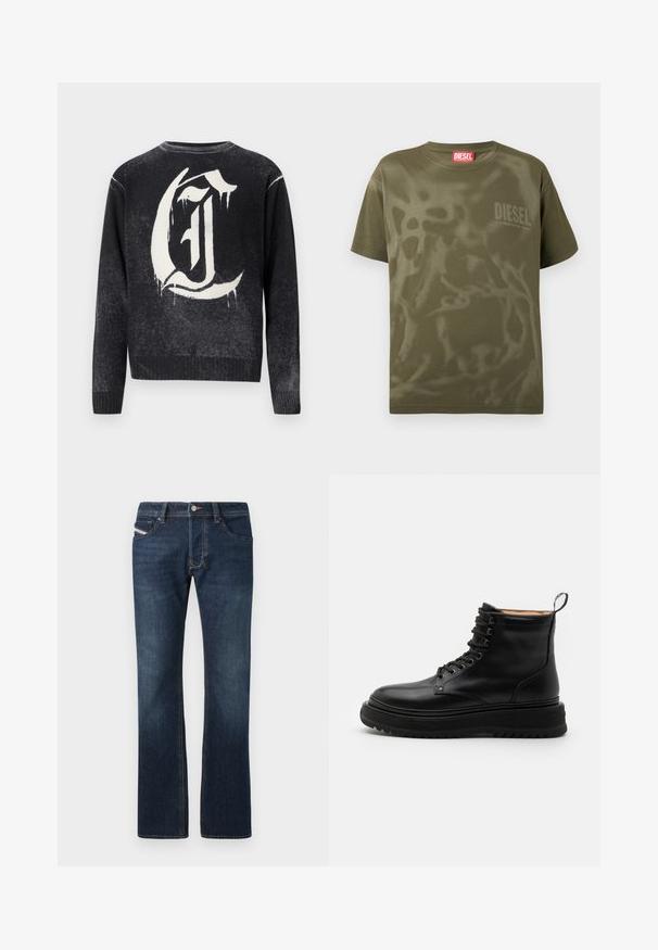 Zwarte crewneck trui met een grote witte gothic-stijl letter "G" op de achterkant, met een druipende verf effect.; Olijfgroene katoenen T-shirt met een ontspannen pasvorm, voorzien van een subtiel abstract patroon en een klein "DIESEL"-logo op de borst.; Donkerblauwe denim jeans met een rechte pijp, vijf zakken en subtiele stiksels. Bevat een metalen knoop en ritssluiting.; Sneaky Steve SLACK - Veterboots - black