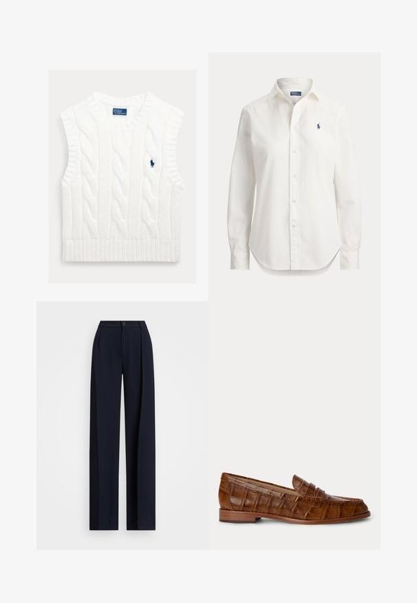 Pull sans manches blanc en maille torsadée avec ourlet côtelé. Comprend un petit logo bleu brodé sur la poitrine. Tissu texturé et doux.; Chemise blanche à manches longues avec boutons, col et petit logo bleu d’un joueur de polo sur la poitrine gauche.; Pantalons larges bleu marine avec plis, fermeture par bouton et texture de tissu lisse. Conçus pour un ajustement ample et confortable.; Mocassin en cuir marron avec motif crocodile, talon en bois bas et une bride sur le dessus, présenté sur un fond uni.