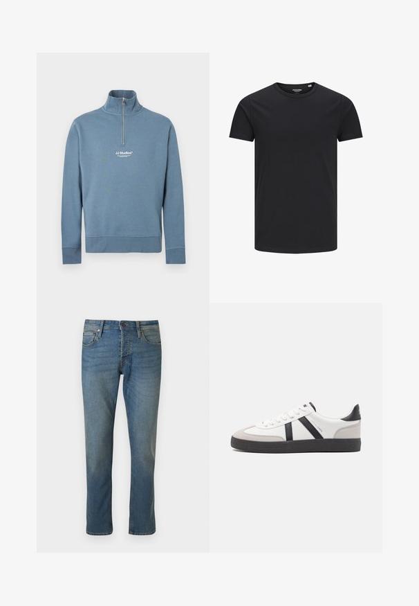 Blauwe lange mouw halve ritssluiting sweater met hoge kraag en wit "JJ Studios"-logo gecentreerd op de borst.; Zwarte katoenen T-shirt met een ronde hals, korte mouwen en een eenvoudig ontwerp. Soepele textuur, geen patronen of zichtbare hardware.; Blauwe spijkerbroek met rechte pijpen, voorzakken, riemlussen en een knoopsluiting op een effen achtergrond.; Witte sneaker met zwarte en grijze accenten, voorzien van een grijze neus met textuur, zwarte rubberen zool en platte witte veters. Schoon ontwerp, minimalistische stijl.