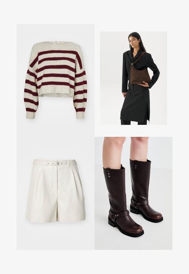 Pull court rayé crème et bordeaux avec un large col, des épaules tombantes et des poignets côtelés. Fabriqué en matière tricotée douce.; ONLY Synthetic leather ONLHEIDI Mid waist Regular Fit - Short - pumice stone; Bottines en cuir marron jusqu'aux genoux avec une texture lisse, dotées d'une large sangle et d'accents en métal triangulaires, semelles en caoutchouc plates.; Femme portant un blazer noir et une jupe, tenant un grand sac à épaule en suede marron foncé contre un fond blanc.