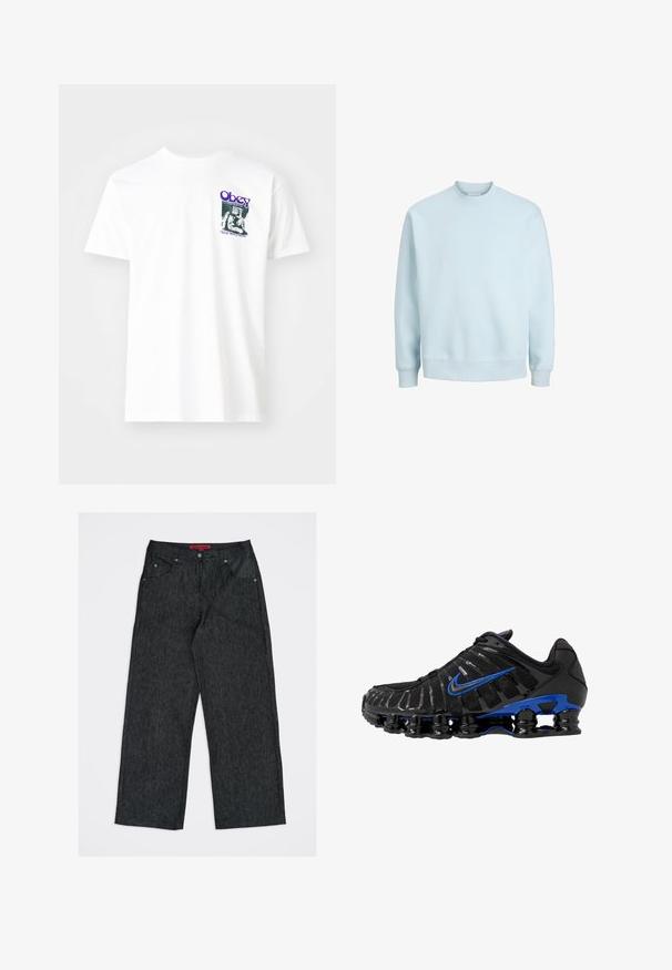 Lyseblå crewneck-sweatshirt lavet af blødt stof, med lange ærmer, ribbede manchetter og en lige kant for en afslappet pasform.; Hvid bomulds t-shirt med et grafisk print i lilla, der viser en siddende figur med teksten "Obey" og "Stop Worry Now!" i sort.; Mørkegrå jeans med vide ben i denim med fem lommer og en rød mærkeetiket på det indvendige linning.; Sort atletiksko med en mesh-overdel og skinnende accenter. Har blå swoosh, polstret krave og fremtrædende sort gummisål med synlig dæmpning.