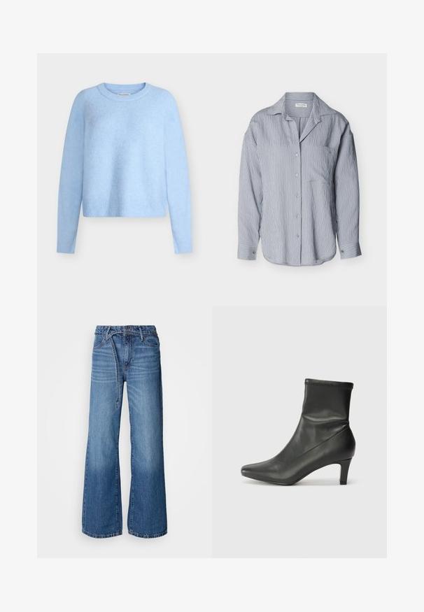 Hellblauer, kurz geschnittener Pullover aus weichem, strukturiertem Stoff. Verfügt über lange Ärmel sowie einen gerippten Halsausschnitt und Saum. Klassisches Rundhals-Design.; Langärmliges, hellblaues Hemd mit dünnen vertikalen weißen Streifen und einer Brusttasche, dargestellt vor einem schlichten Hintergrund.; Helle blaue, weite Jeans aus Denim. Mit hohem Bund, sichtbaren Nähten und einem Bindegürtel. Verwaschene Textur zum unteren Teil hin.; Schwarze Leder-Ankle-Boots mit spitzem Fuß und 6 cm Absatz. Das Obermaterial hat eine glatte Textur mit einer taillierten Passform und subtilen Nähten.