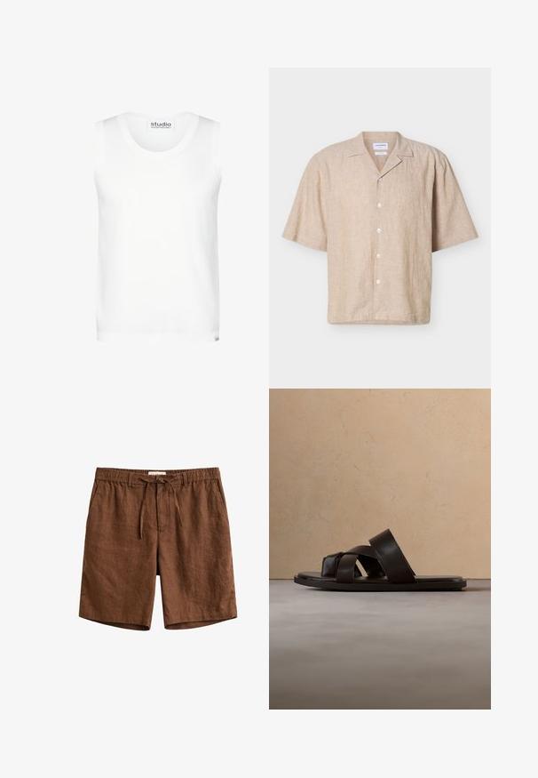Hvid ærmeløs tanktop med rund halsudskæring, studiolabel fra Seidensticker ved hals og kant, vist på en ensfarvet baggrund.; Beige kortærmet linnedskjorte med lejrhals og fem hvide knapper foran.; Brune linnedshorts med elastisk talje, snøretræk, bæltestropper og sidelommer.; Sort lædersandal med tre krydsede stropper, flad sål og glat tekstur, hængende over et vævet naturskinds tæppe.