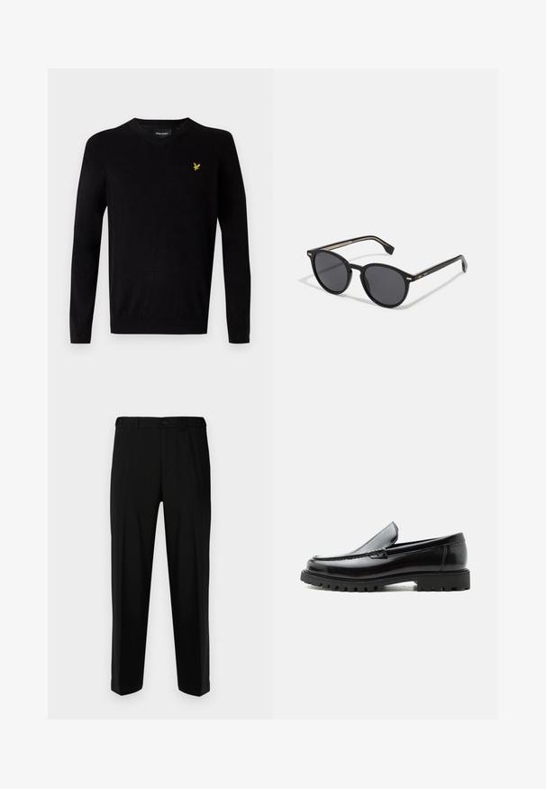 Schwarzer V-Ausschnitt-Pullover aus weichem Strickmaterial, mit langen Ärmeln und einem gelben gestickten Logo auf der linken Brust. Schlichtes Design.; Schwarze Hosen aus glattem Stoff, mit geradem Schnitt, zwei vorderen Taschen und einem Reißverschluss mit Knopfverschluss.; Schwarzer Lederloafer mit grober Gummisohle, genähter Oberseite und geprägtem Markennamen an der Ferse, seitlich auf weißem Hintergrund gezeigt.; BOSS Sonnenbrille - black