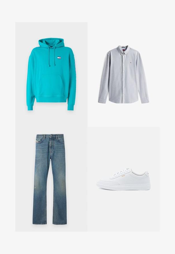 Sweat à capuche en tissu turquoise vif, doté d'une poche kangourou, de poignets côtelés et d'un petit logo brodé sur la poitrine.; Chemise gris clair à manches longues avec boutons, col boutonné et petit logo rouge, blanc et bleu sur la poitrine gauche.; Jeans en denim bleu avec une coupe droite, présentant un léger délavage, des poches avant et une fermeture à bouton à la taille.; Baskets blanches en cuir avec une texture lisse, bout rond et coutures tonales. Possède des lacets bleus et un logo doré sur le côté.
