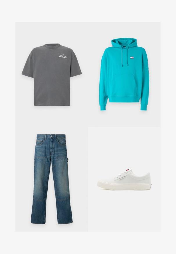 Hoodie aus leuchtend türkisfarbenem Stoff, mit einer Kängurutasche, gerippten Bündchen und einem kleinen Logopatch auf der Brust.; Dunkelgraues T-Shirt mit kurzen Ärmeln und Rundhalsausschnitt mit kleinem weißen "ALLSAINTS"-Logo auf der oberen linken Brust.; Denim-Jeans in einem mittleren Blauton, mit einer entspannten Passform, Fronttaschen und Kontrastnähten. Enthält Eingreifdetails an den Beinen.; Tommy Jeans SKATE DERBY - Sneaker low - white