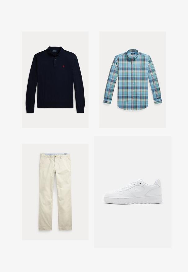 Marineblauw poloshirt met lange mouwen van zachte stof, voorzien van een klassieke kraag, drie knopen en een klein rood paardenlogo op de borst.; Overhemd met knoopsluiting in blauw-groen ruitpatroon, met lange mouwen, een kraag en een klein logo op de borst. Gemaakt van een katoenmix.; Beige katoenen broek met rechte pijpen, riemlussen, voorste knoop, ritssluiting en zijzakken.; Witte leren sneaker met geperforeerde neus, platte veters en gevoerde kraag. Voorzien van een geperst logo aan de zijkant en een getextureerde rubberen zool.